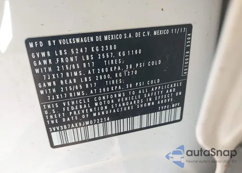 2018 Volkswagen Tiguan 2.0T Se/2.0T Sel z USA, uszkodzony, nr VIN 3VV3B7AX9JM072214